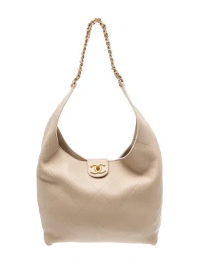 Pre-owned Chanel 2025 Quilted Chain Hobo In Neutrals