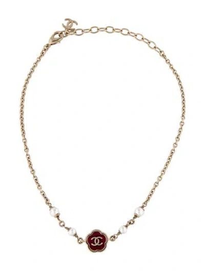 Pre-owned Chanel 2025 Resin & Faux Pearl Choker Necklace, 15.25" In Red