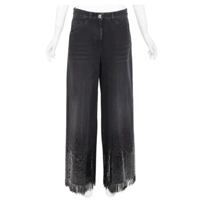 Pre-owned Chanel 2025 Runway Black Washed Denim Sequin Fringe Wide Leg Jeans Fr40 L