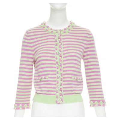 Pre-owned Chanel 2025 Runway Cashmere Striped Fringe Trim Swallow Crystal Button Cardigan In Beige