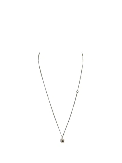 Pre-owned Chanel 2025 Silver Plated Cc Cube Resin Rhinestone Pendant Necklace Costume Necklace