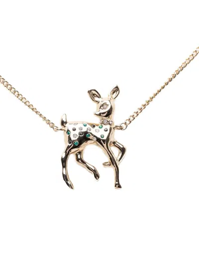 Pre-owned Chanel 2025-2026 Cc Brass Faux Pearl And Strass Deer Pendant Necklace Costume Necklace In Gold
