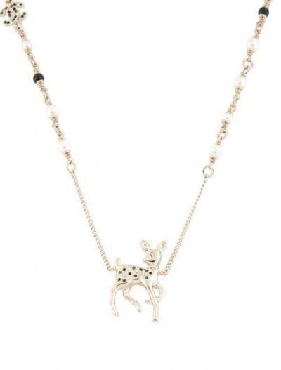 Pre-owned Chanel 2026 Faux Pearl, Resin Bead & Strass Deer Pendant Necklace, 28"