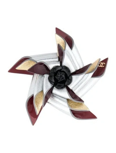 Pre-owned Chanel 2026 Leather Cc Pinwheel Brooch In Black/gold/red