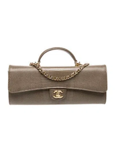 Pre-owned Chanel 2026 Paris-new York Lizard Embossed Long Top Handle Clutch W/ Chain In Neutrals