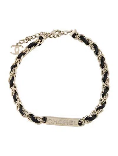 Pre-owned Chanel 2026 Strass & Leather Logo Choker Necklace, 18" In Multicolor