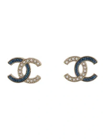 Pre-owned Chanel 2026 Strass & Resin Denim Cc Stud Earrings In Blue