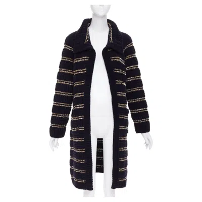 Pre-owned Chanel 20a Runway Wool Blend Tweed Striped Knit Cc Buttons Cardigan Coat Fr34 Xs In Black