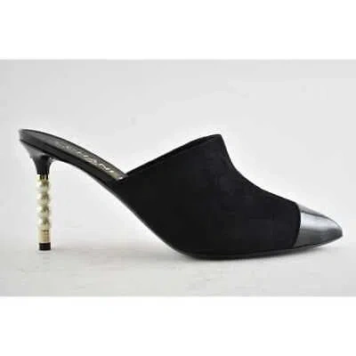 Pre-owned Chanel 20c Paris In Rome Pearl Black Suede Patent Cc Mule Slide Heel Pump 40.5