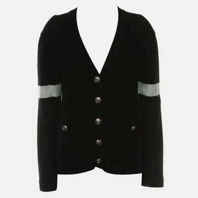 Pre-owned Chanel 20k Stripe Sleeve Button Up Cardigan Fr 36 In Black