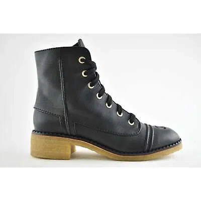 Pre-owned Chanel 20p Black Calfskin Leather Cc Combat Lace Up Biker Ankle Short Boots 37.5