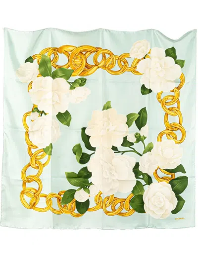 Pre-owned Chanel 20th Century Camellia Gold Chain Silk Scarf Scarves