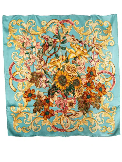 Pre-owned Chanel 20th Century Cc Floral Printed Silk Scarf Scarves In Blue