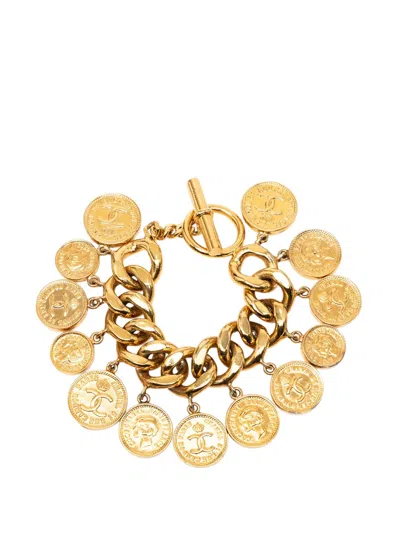 Pre-owned Chanel 20th Century Cc Gold Plated Coins Charm Bracelet Costume Bracelet