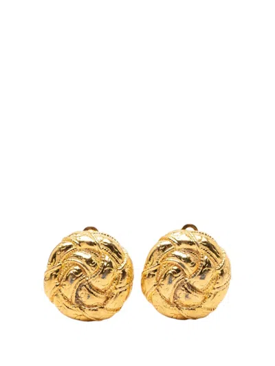 Pre-owned Chanel 20th Century Cc Gold Plated Round Clip On Earrings Costume Earrings