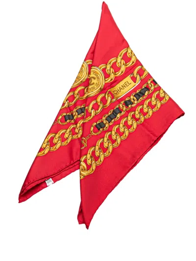 Pre-owned Chanel 20th Century Cc Medallion Chain Print Silk Scarf Scarves In Red