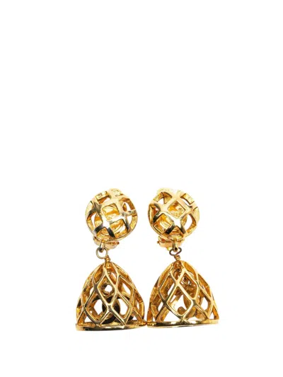 Pre-owned Chanel 20th Century Gold Plated Cc Bird Cage Drop Clip On Earrings Costume Earrings