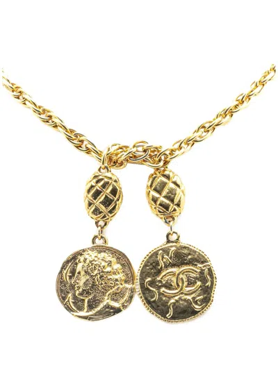 Pre-owned Chanel 20th Century Gold Plated Cc Logo Coin Lariat Necklace Costume Necklace