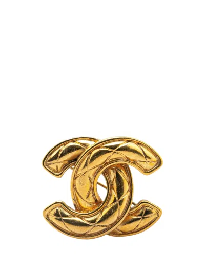 Pre-owned Chanel 20th Century Gold Plated Cc Quilted Brooch Costume Brooch
