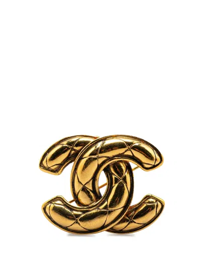 Pre-owned Chanel 20th Century Gold Plated Cc Quilted Brooch Costume Brooch