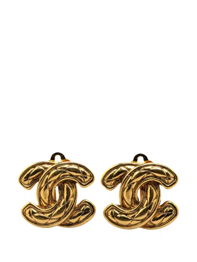 Pre-owned Chanel 20th Century Gold Plated Cc Quilted Matelasse Clip On Earrings Costume Earrings