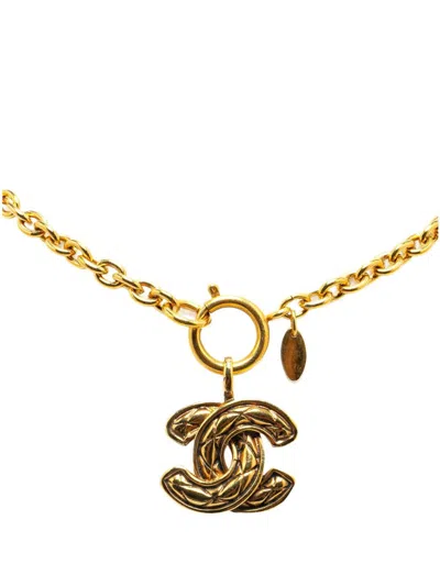 Pre-owned Chanel 20th Century Gold Plated Cc Quilted Pendant Costume Necklace