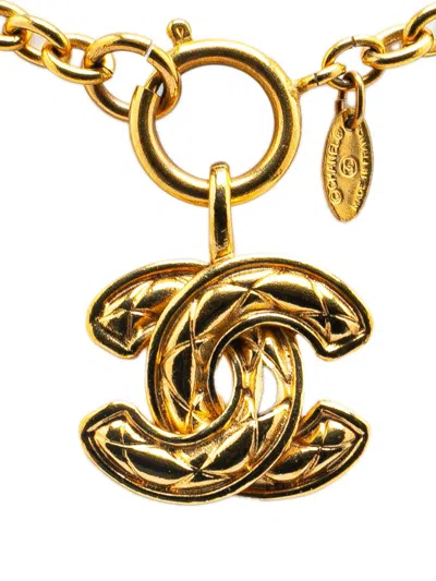 Pre-owned Chanel 20th Century Gold Plated Cc Quilted Pendant Necklace Costume Necklace