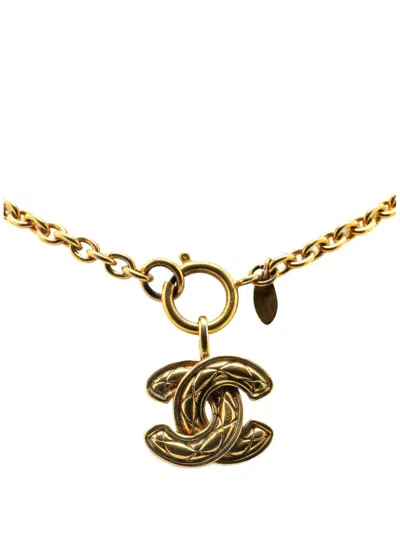 Pre-owned Chanel 20th Century Gold Plated Cc Quilted Pendant Necklace Costume Necklace
