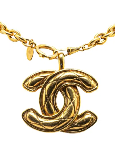 Pre-owned Chanel 20th Century Gold Plated Cc Quilted Pendant Necklace Costume Necklace