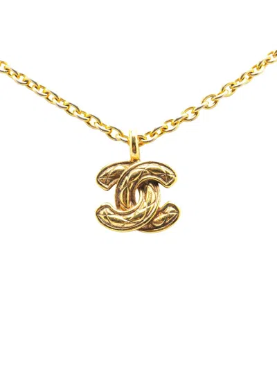 Pre-owned Chanel 20th Century Gold Plated Cc Quilted Pendant Necklace Costume Necklace