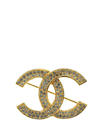 Pre-owned Chanel 20th Century Gold Plated Cc Rhinestones Turn Lock Brooch Costume Brooch