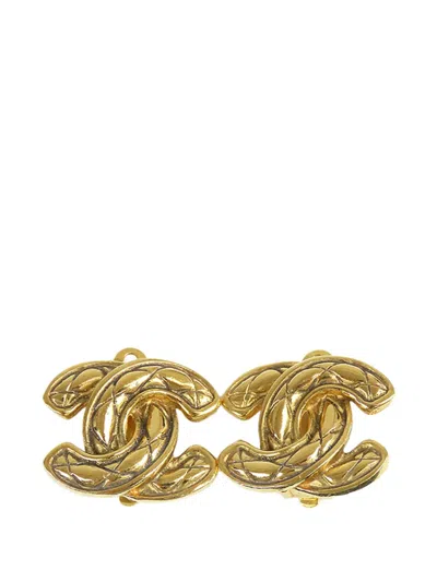 Pre-owned Chanel 20th Century Gold Plated Quilted Cc Clip On Earrings Costume Earrings