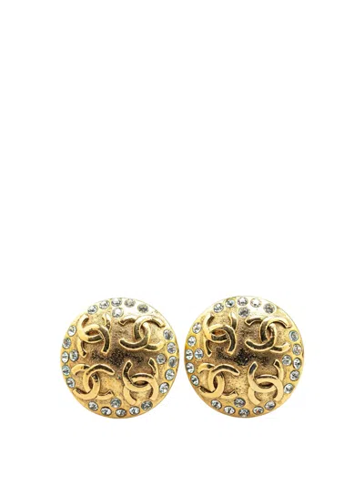 Pre-owned Chanel 20th Century Gold Plated Rhinestone Cc Clip On Earrings Costume Earrings