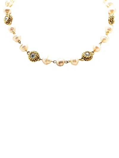Pre-owned Chanel 20th Century Gold Plated Rhinestone Faux Pearl Chain Necklace Costume Necklace