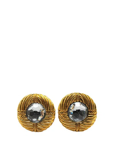 Pre-owned Chanel 20th Century Gold Plated Ribbed Rhinestone Clip On Earrings Costume Earrings