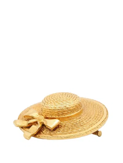 Pre-owned Chanel 20th Century Gold Plated Straw Hat Brooch Costume Brooch