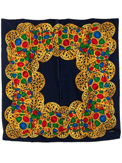Pre-owned Chanel 20th Century Gripoix Buttons Silk Scarf Scarves