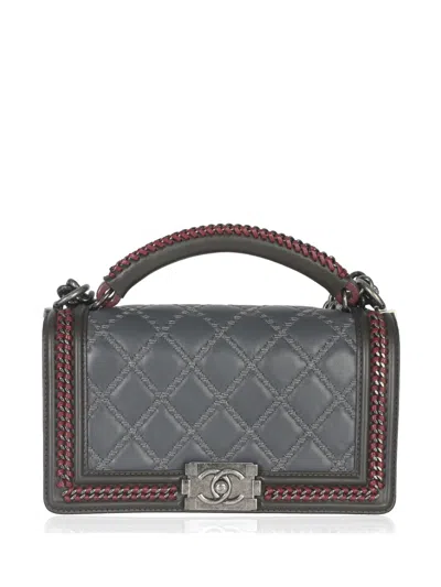 Pre-owned Chanel 2105-2016 Boy Interwoven-chain Calfskin Bag In Gray