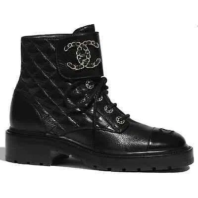 Pre-owned Chanel 21a Black Quilted Gold Cc Chain Combat Lace Up Tie Ankle Short Boots 41