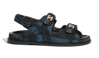 Pre-owned Chanel 21a Blue Black Grey Denim Cc Logo Mule Slide Strap Flat Dad Sandal 37