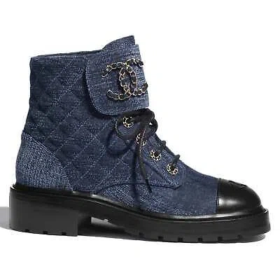Pre-owned Chanel 21a Blue Black Quilted Cc Chain Combat Lace Up Tie Ankle Short Boots 37