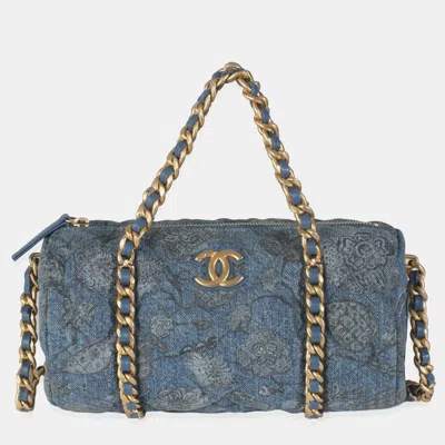Pre-owned Chanel 21a Blue Floral Quilted Denim Destination Chenonceau Bowling Bag
