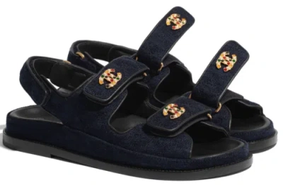 Pre-owned Chanel 21a Blue Velvet Denim Cc Logo Mule Slide Strap Flat Teva Dad Sandal 36.5