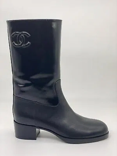 Pre-owned Chanel 21a Calfskin Leather Cc Ascot Mid Calf Midcalf Boots Black $1500