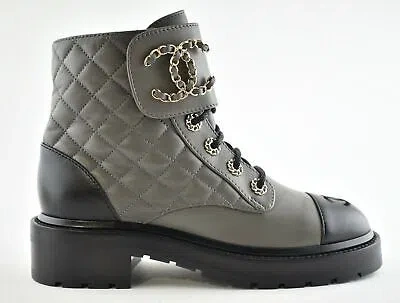 Pre-owned Chanel 21a Grey Black Quilted Cc Chain Combat Lace Up Tie Ankle Short Boots 37