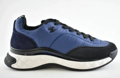 Pre-owned Chanel 21a Mens Blue Black White Cc Logo Lace Up Low Top Trainer Sneaker 44 11