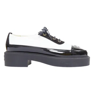 Pre-owned Chanel 21b Black White Nylon Patent Leather Trim Cc Brogue Creepers Eu38