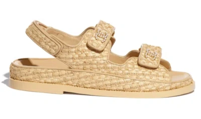 Pre-owned Chanel 21c Beige Raffia Pearl Cc Logo Mule Slide Strap Flat Teva Dad Sandal 36