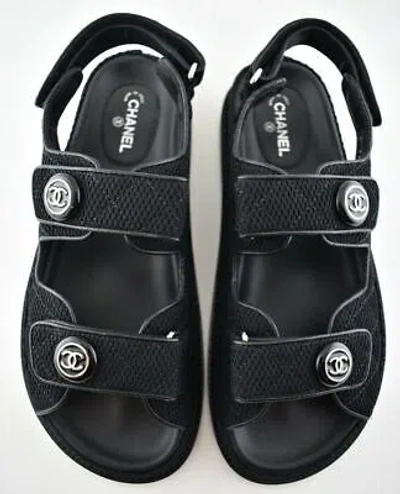 Pre-owned Chanel 21c Black Fabric Silver Cc Logo Mule Slide Strap Flat Teva Dad Sandal 36