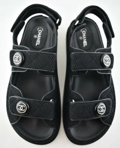Pre-owned Chanel 21c Black Fabric Silver Logo Mule Slide Strap Flat Teva Dad Sandal 37.5